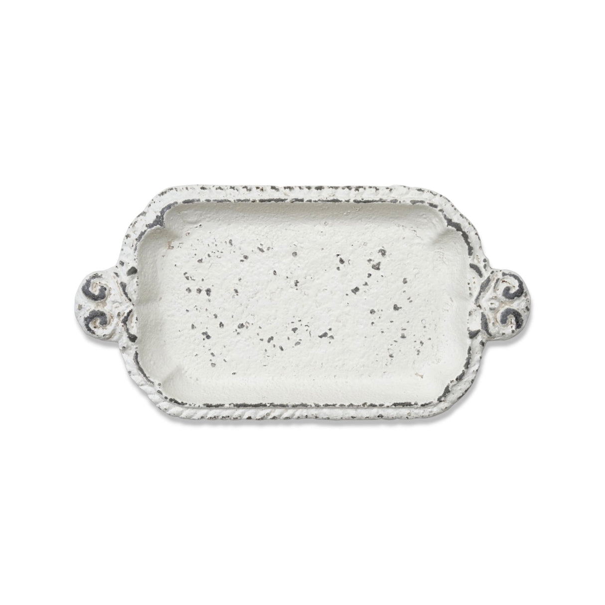 Distressed white cast iron tray with embossed edge and handles