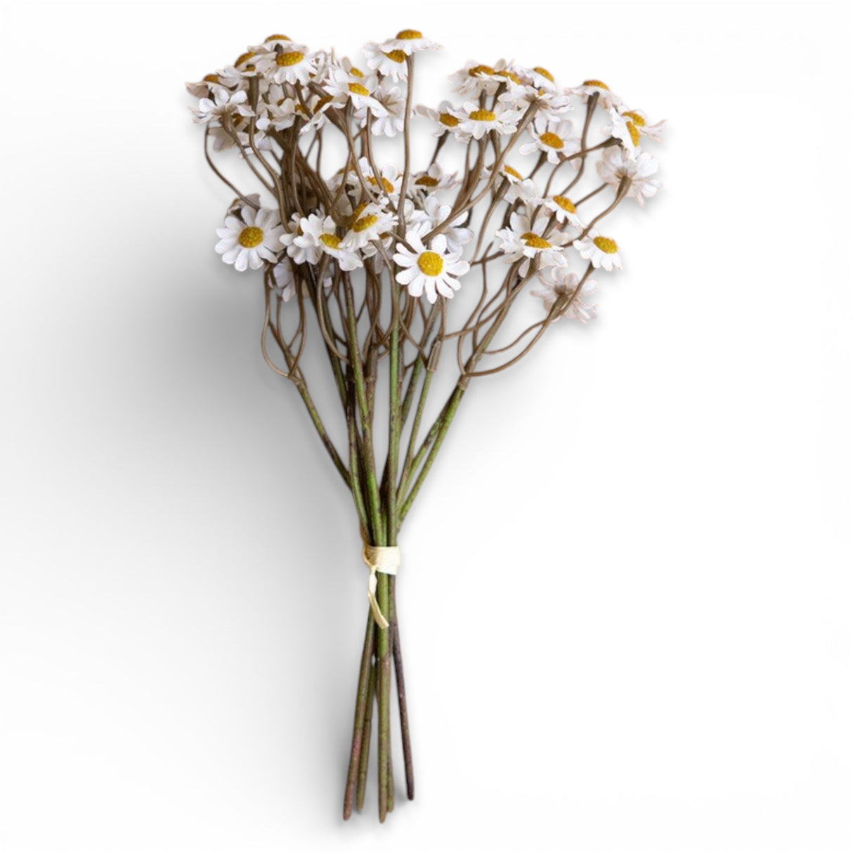 white faux chamomile bundle with small daisy flowers and yellow centers for spring home décor