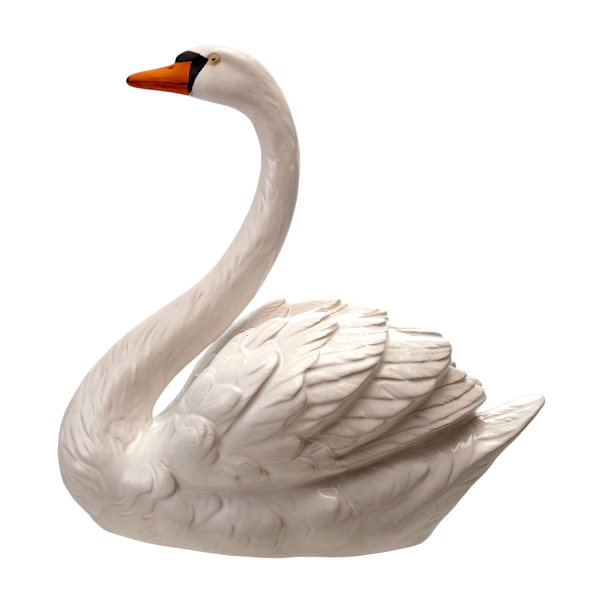 Stoneware swan figurine with white finish, orange beak, and black detailing.