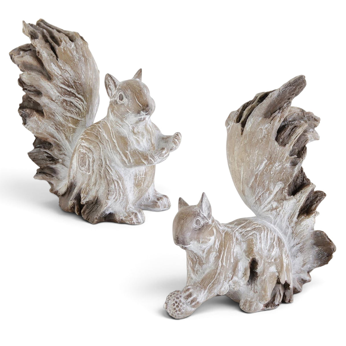 Whitewashed resin sitting squirrel figurines in two poses with detailed fur and large textured tails