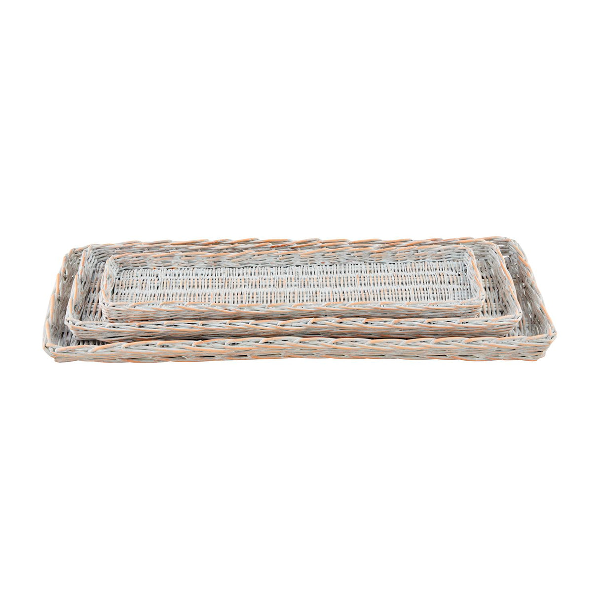 Set of three whitewashed woven willow trays in varying sizes, ideal for serving or display.