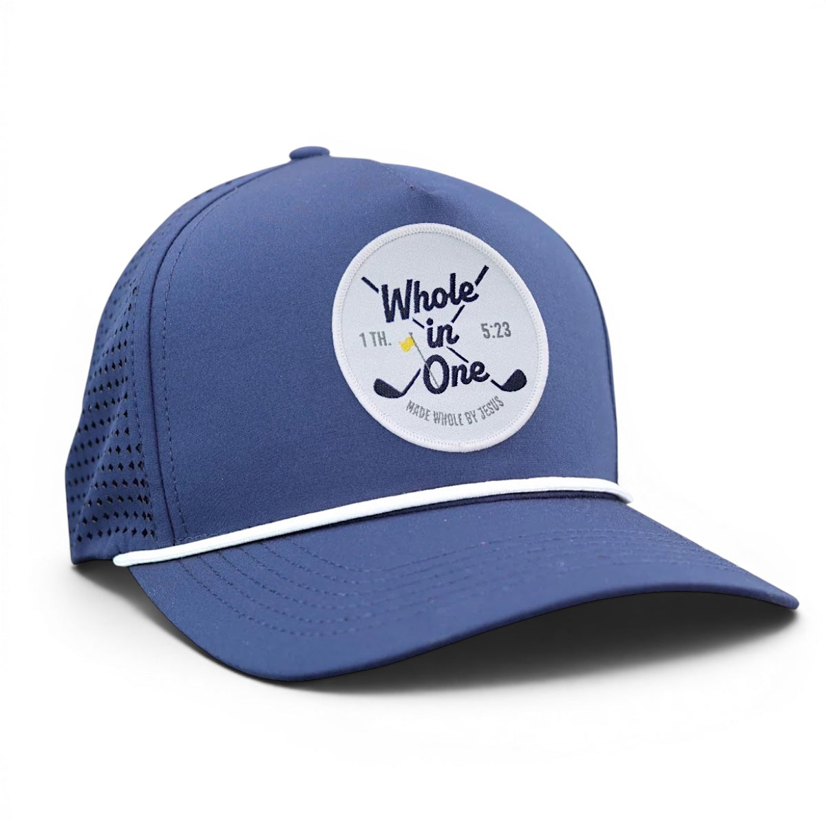 Christian golf trucker hat navy snapback Whole In One faith-based cap for men