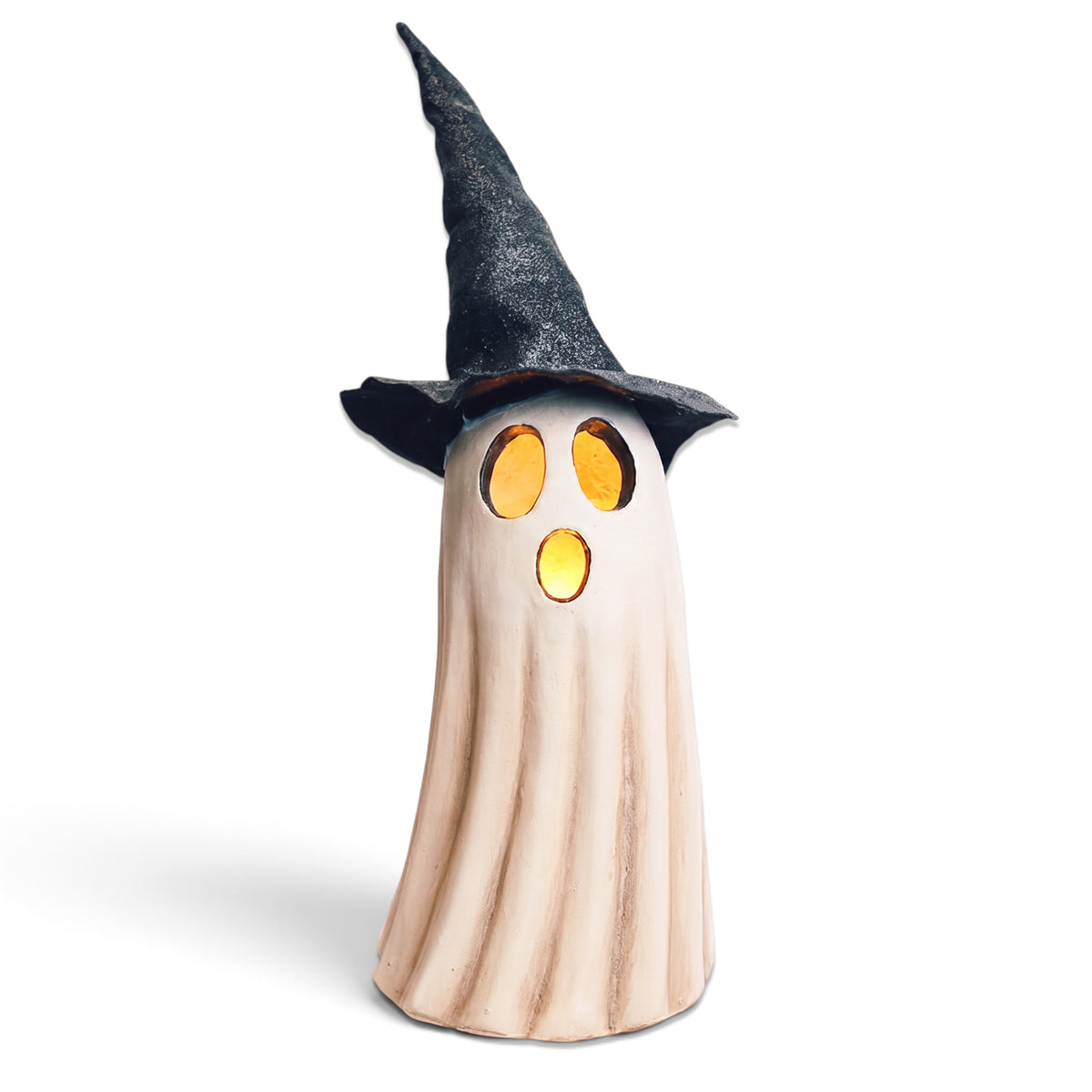 White resin Halloween ghost with black witch hat and warm LED light-up face
