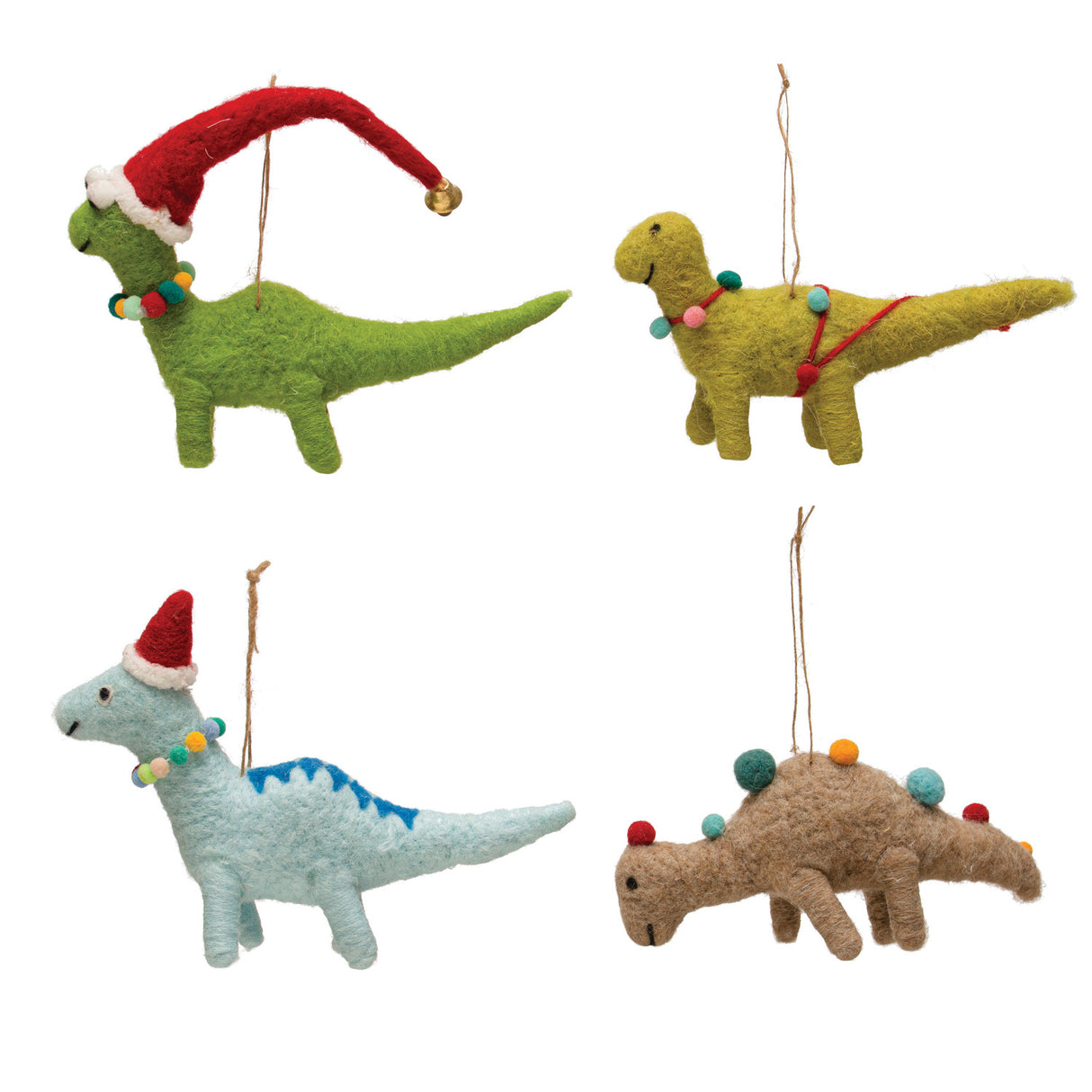 Wool felt dinosaur Christmas ornaments with seasonal accessories, set of four styles
