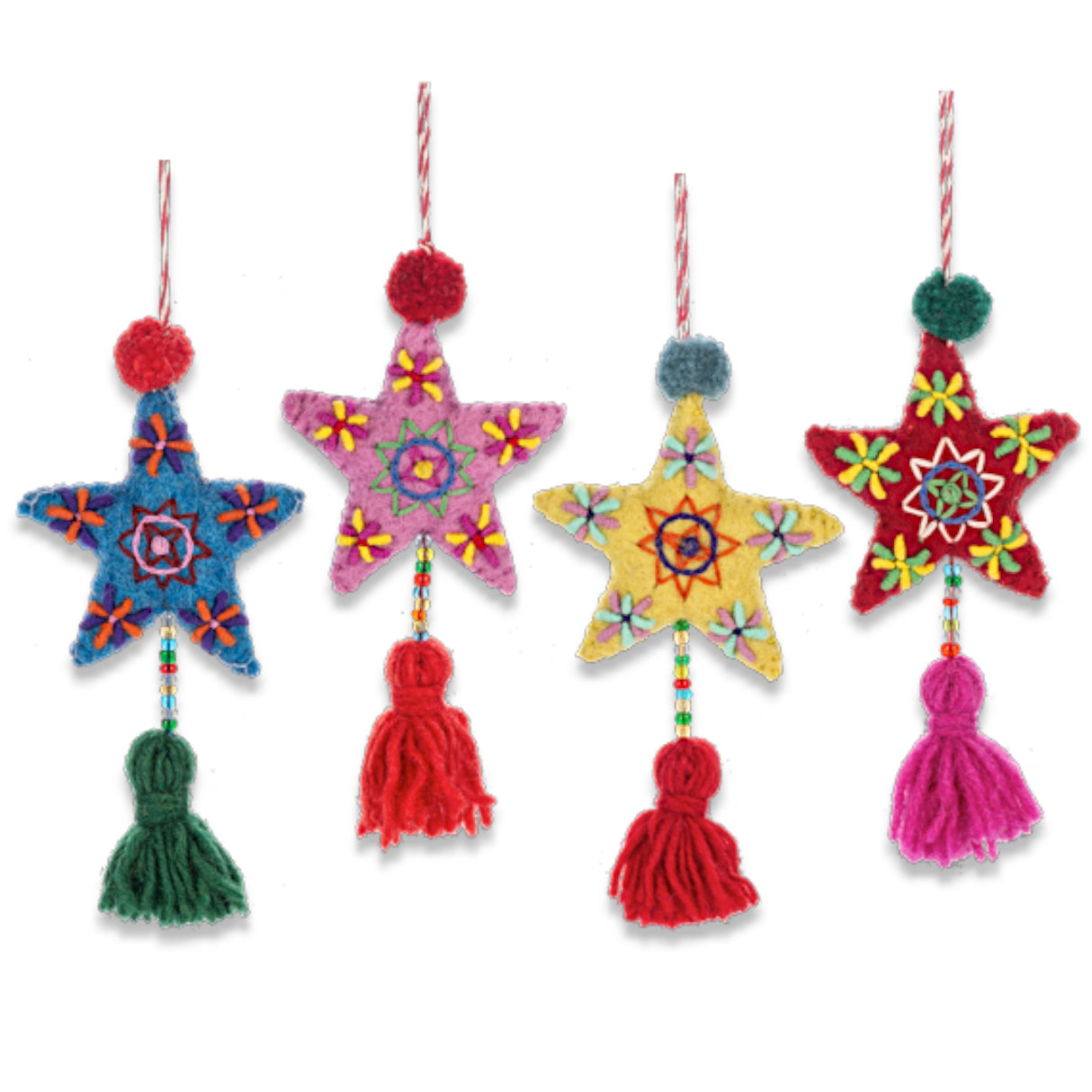 Wool felt embroidered star tassel ornament in 4 colors for Christmas décor