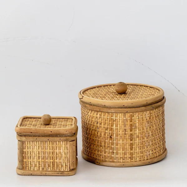 Round and Square Rattan Woven Cane Storage Boxes