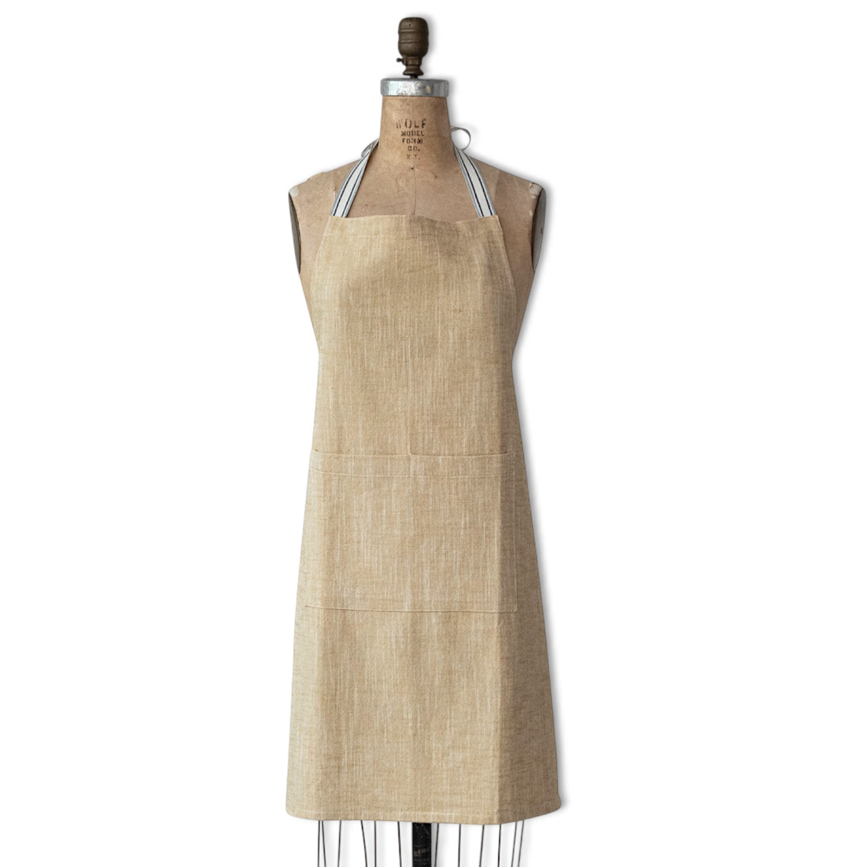 natural woven cotton apron with striped straps and two front pockets