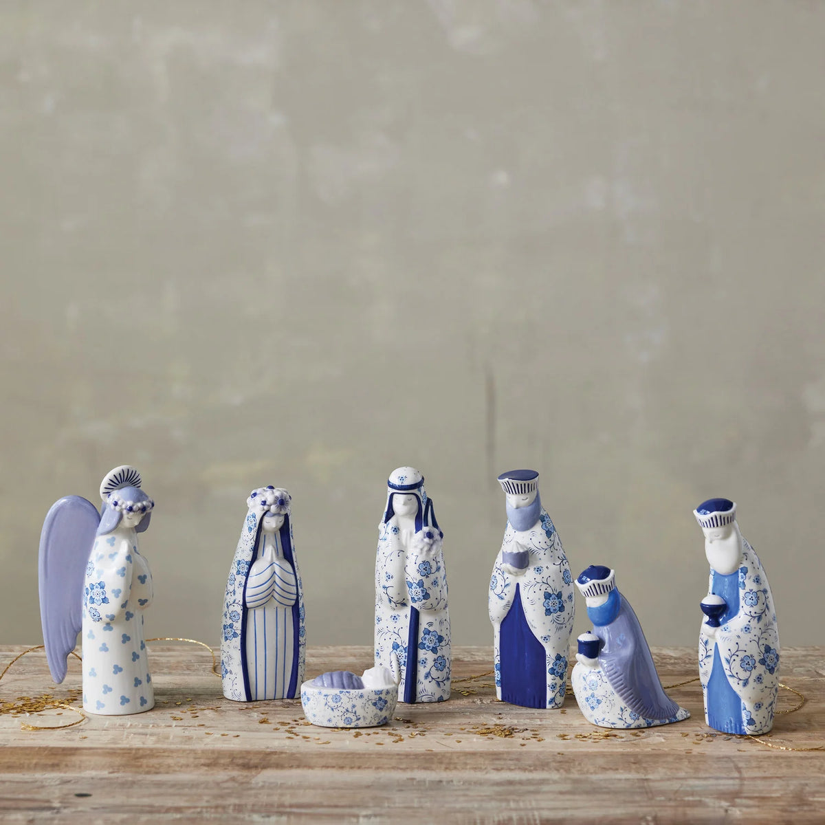 Ceramic Nativity Set with Blue Floral Pattern