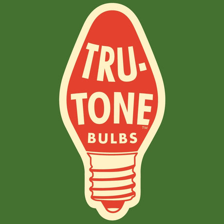 Tru-Tone Bulbs logo inside a red and cream light bulb on a green background.