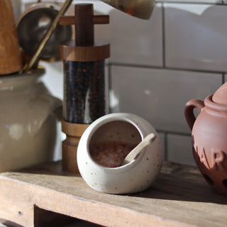 Stoneware Cream Salt Cellar with Mango Wood Spoon