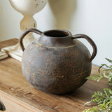 Rustic Patina Brown Metal Vase with Handles