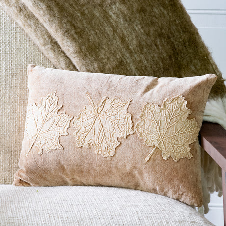 Tan Velvet Leaf Lumbar Pillow