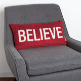 Believe Embroidered Red Corduroy Lumbar Throw Pillow