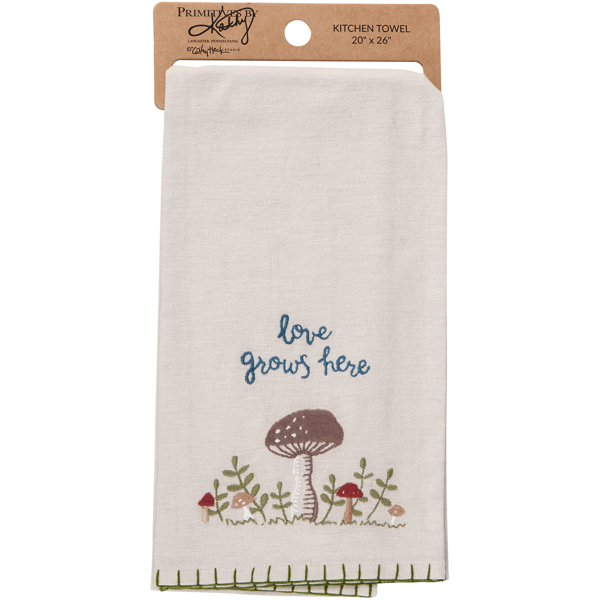 Love Grows Here Embroidered Mushroom Tea Towel