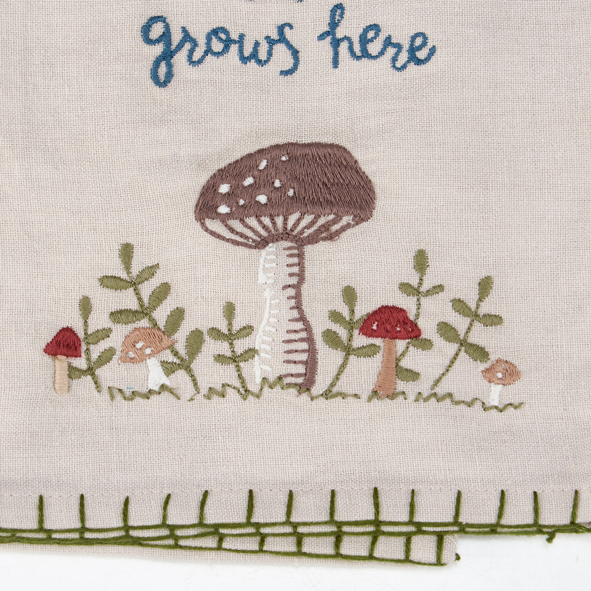 Love Grows Here Embroidered Mushroom Tea Towel