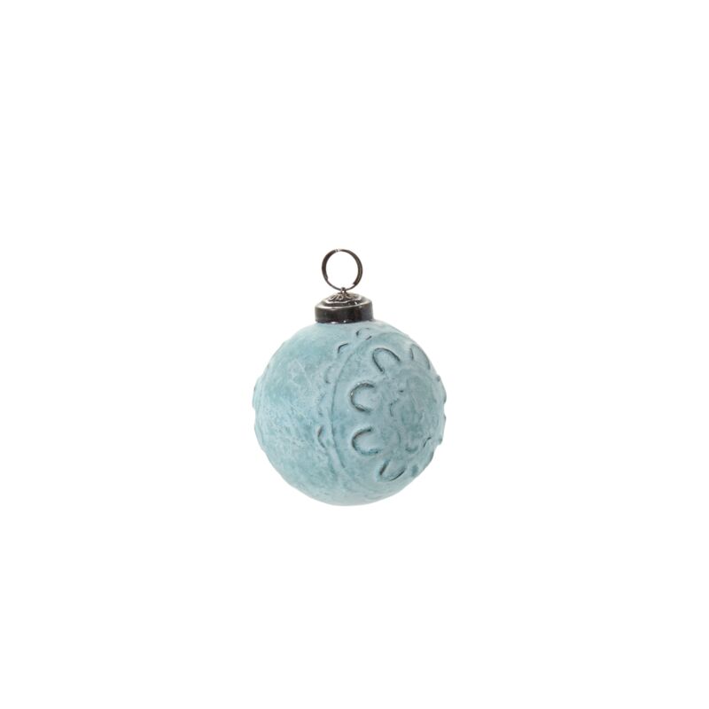 embossed flower frosted blue glass ornament