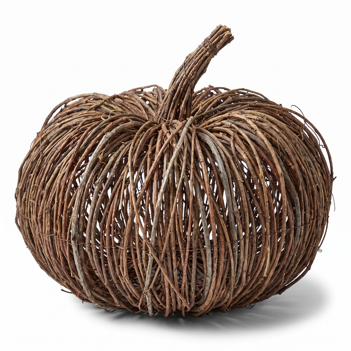 Large 14-inch brown woven vine pumpkin with an open ribbed design and natural bundled stem