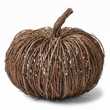 Large 14-inch brown woven vine pumpkin with an open ribbed design and natural bundled stem