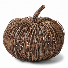 Large 14-inch brown woven vine pumpkin with an open ribbed design and natural bundled stem
