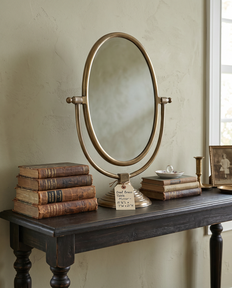 Antique Brass Aluminum Oval Vanity Mirror with Stand