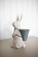 Distressed White Resin Rabbit with Basket