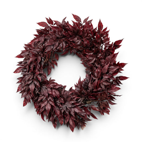 Burgundy spikenard leaf wreath with a full, layered design for fall doors, walls, mantels, and seasonal displays. Measures 18 inches.