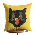 Handmade 18-inch mustard yellow Halloween pillow with a vintage black cat graphic and included polyester insert