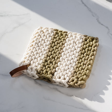 Ivory and Sage Stripe Chunky Knit Pot Holder