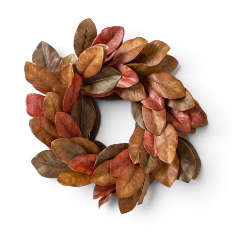 26-inch fall magnolia leaf wreath with rust, burgundy, and brown foliage