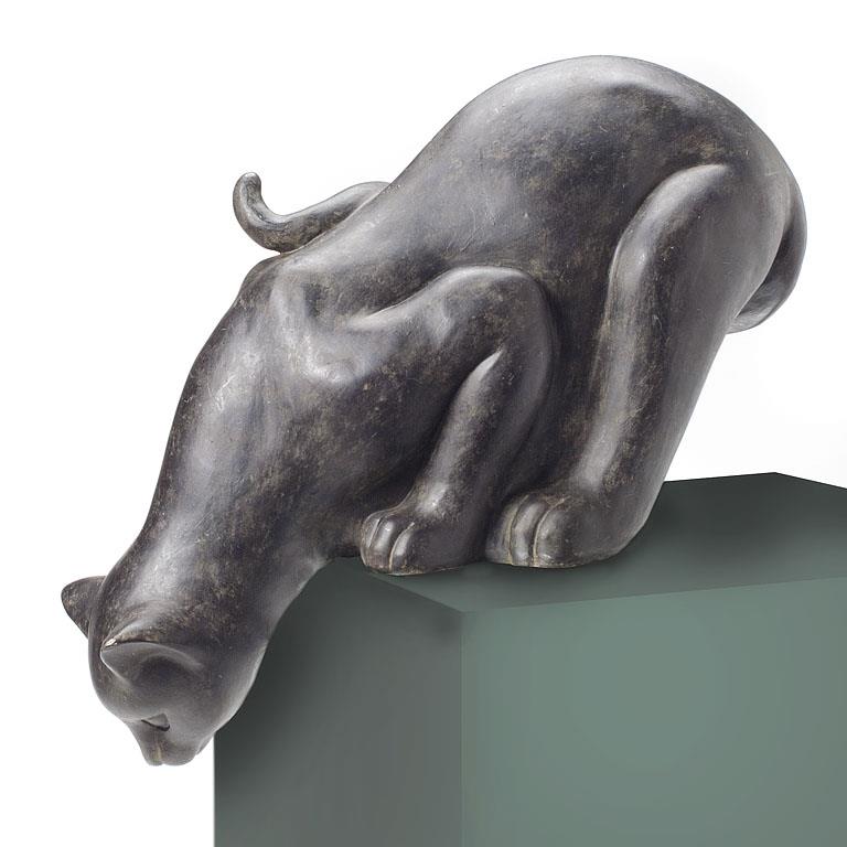 Antique Black Peering Cat Sculpture