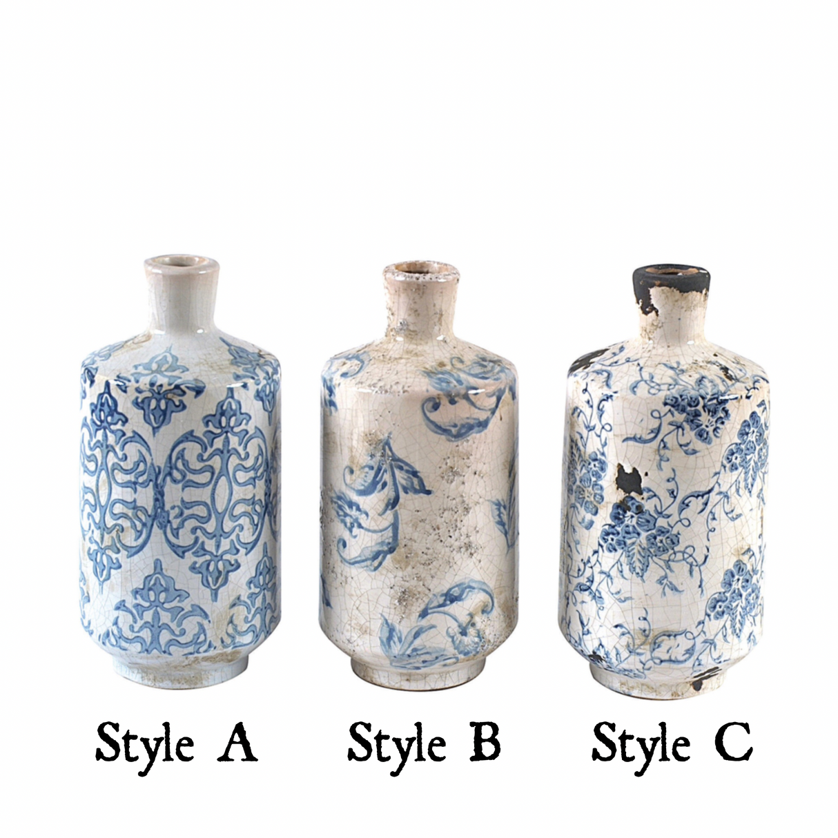 Blue Chinoiserie Distressed Terracotta Vases