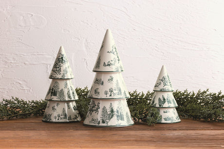 Hand-Painted Green Toile Ceramic Christmas Tree Sitters
