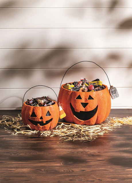 Paper Mache Orange Jack-O'-Lantern Treat Buckets | 2 Sizes