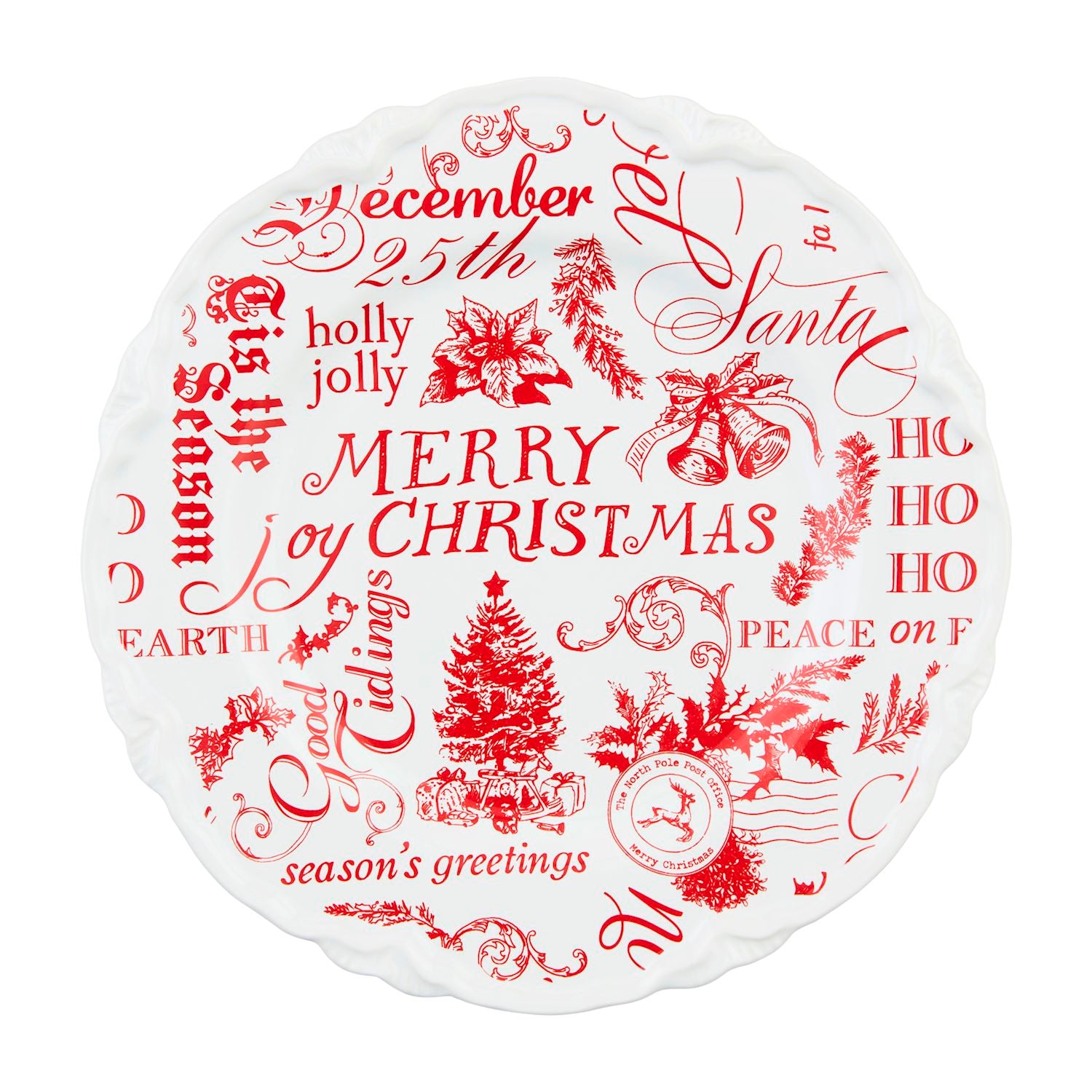 Red Toile Word Print Christmas Stoneware Dessert Plate