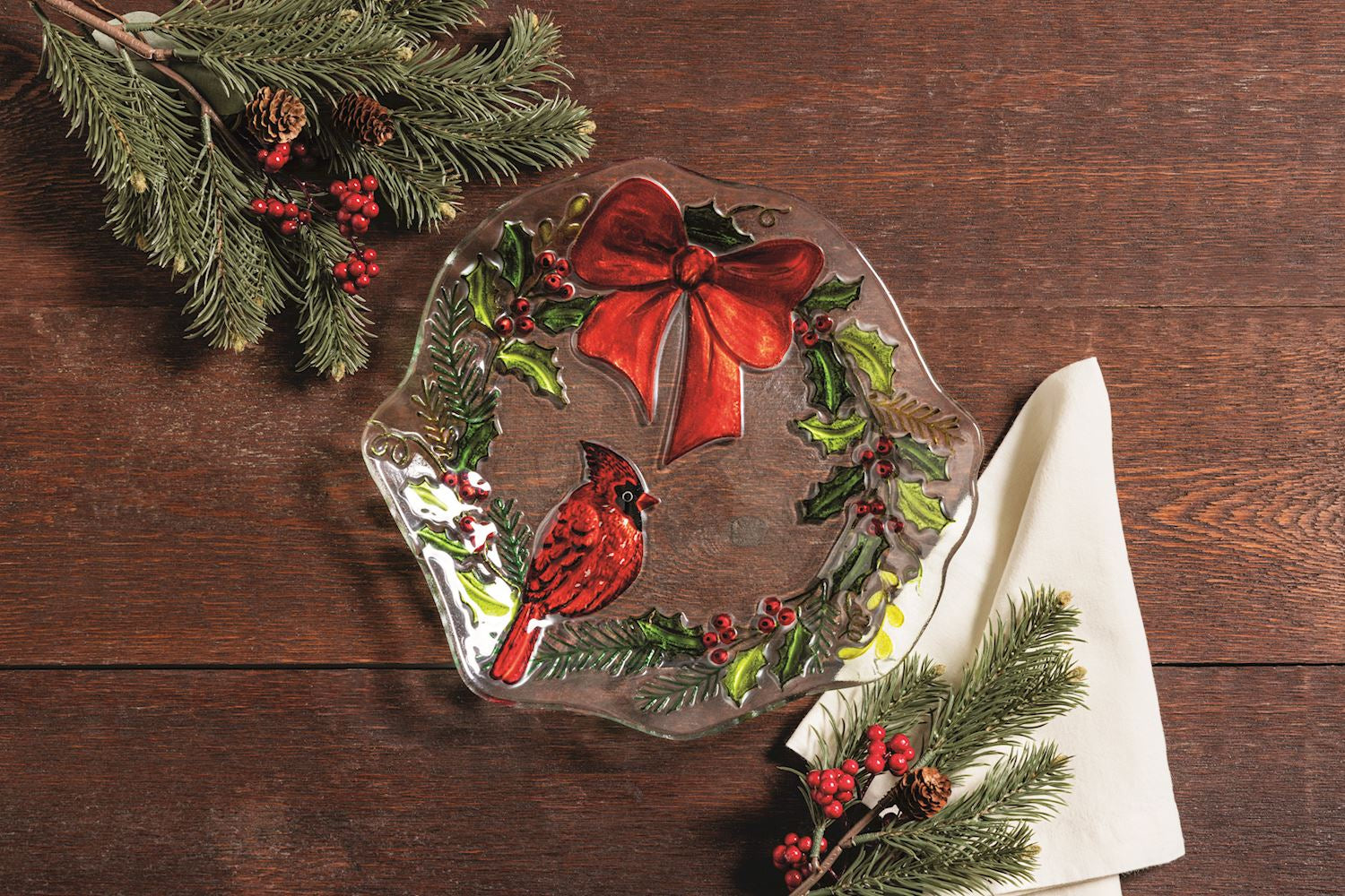 Cardinal & Wreath Fused Glass Christmas Plate - Thumbnail 2