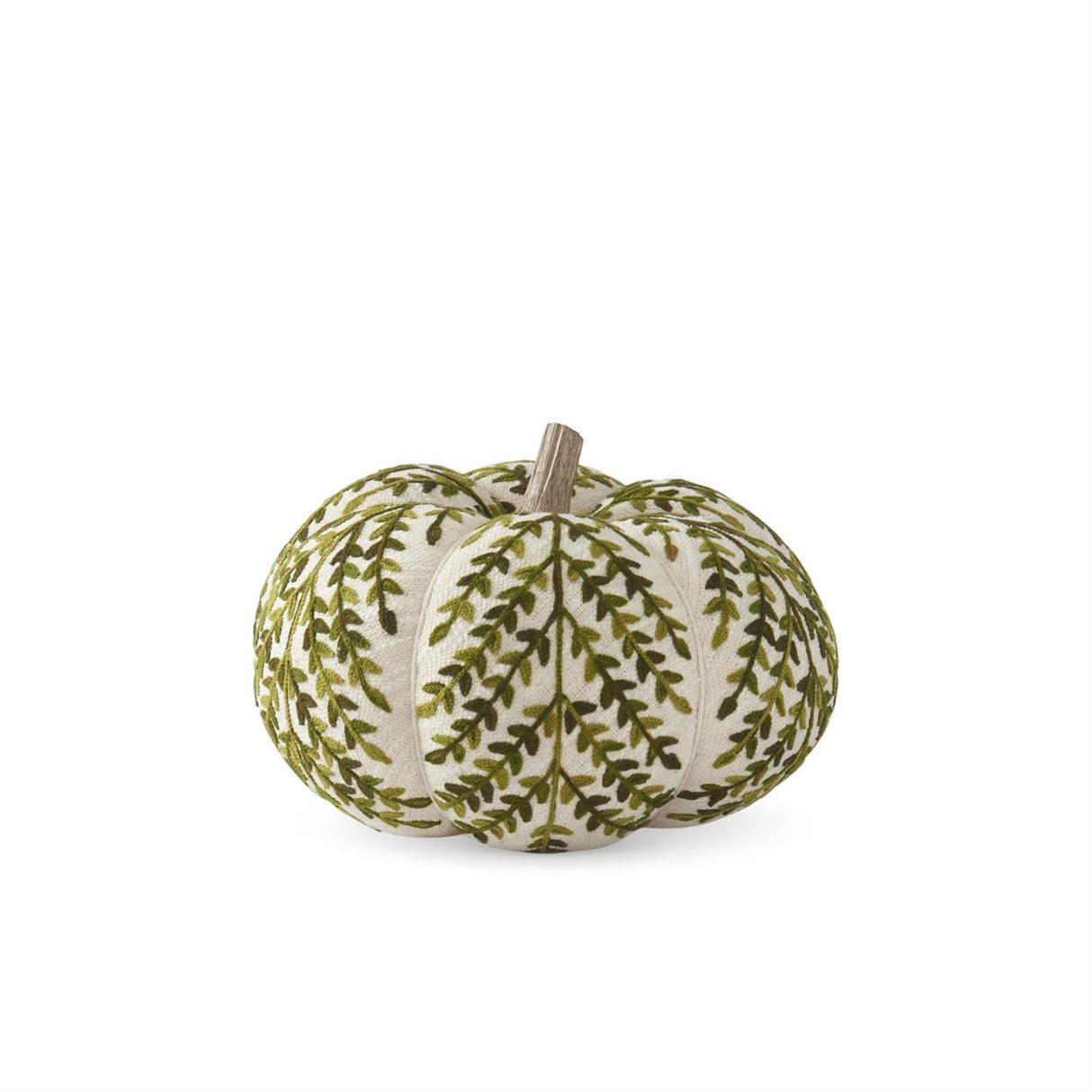 Cream & Green Foliage Knit Pumpkin with Wood Stem
