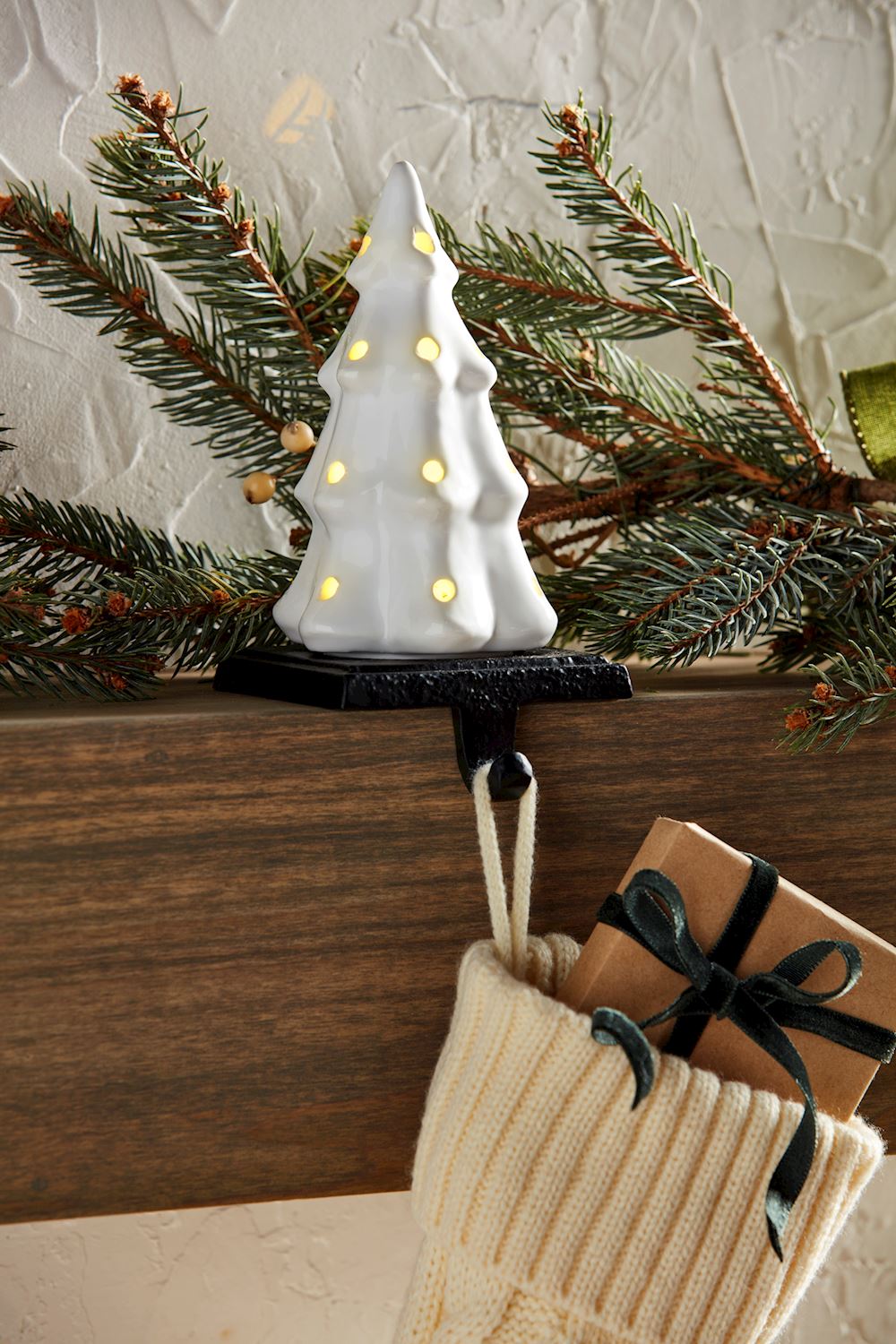 Light-Up White Ceramic Tree Stocking Holder