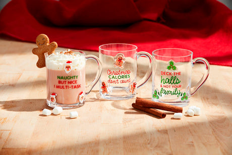 Clear Glass Holiday Icon Mugs with Christmas Sayings | 3 Styles