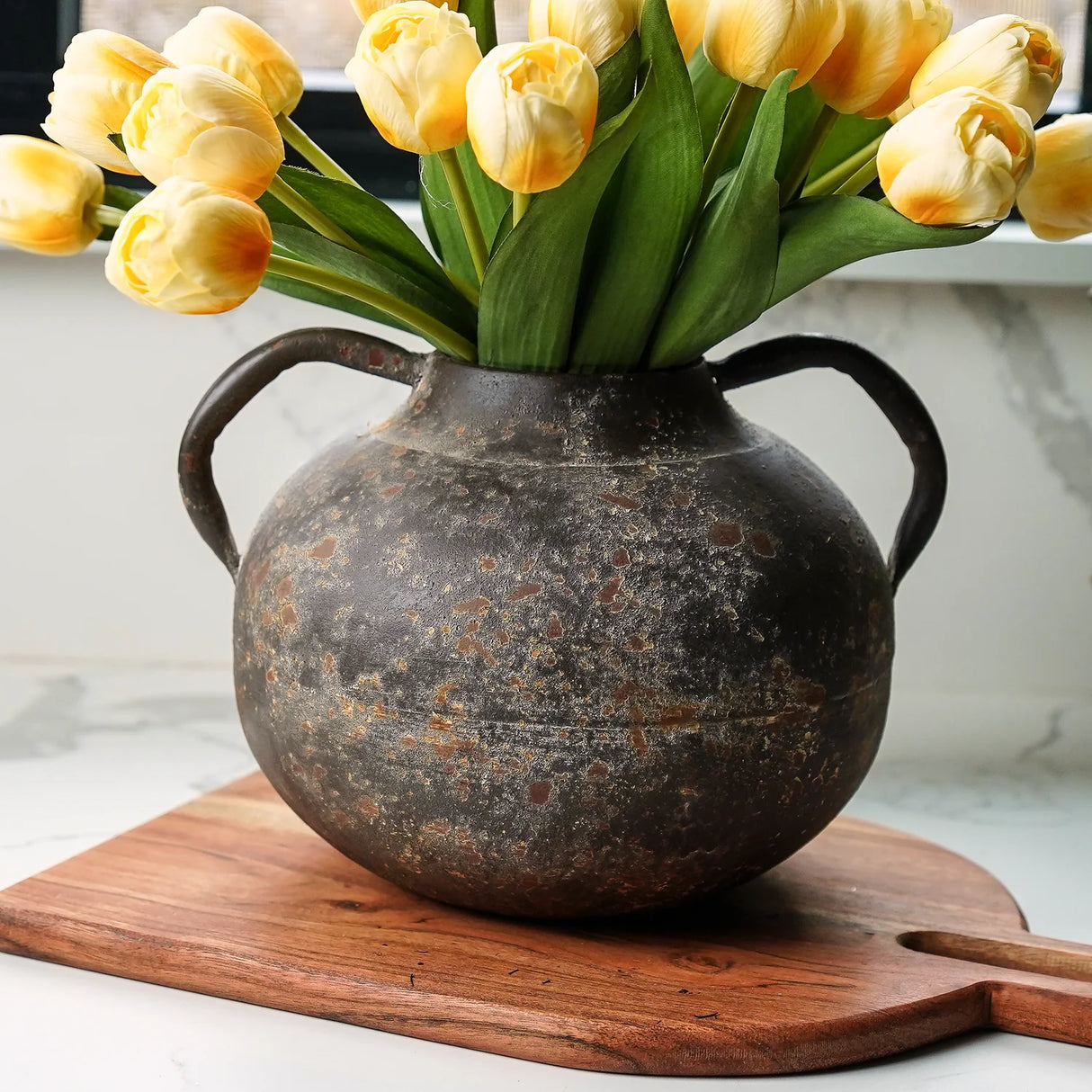 Rustic Patina Brown Metal Vase with Handles