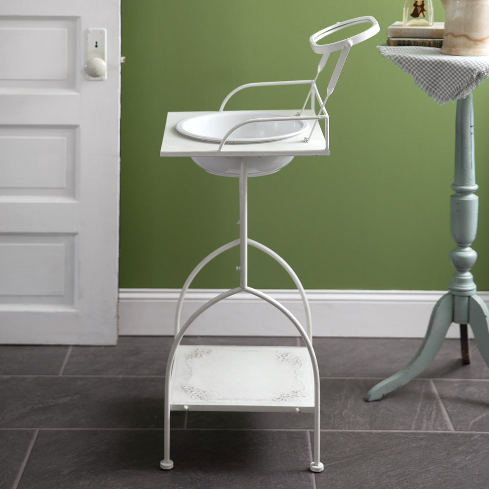 Antiqued White Metal Washstand with Mirror