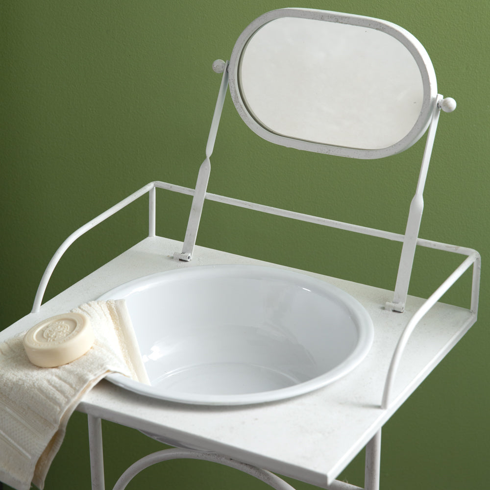 Antiqued White Metal Washstand with Mirror