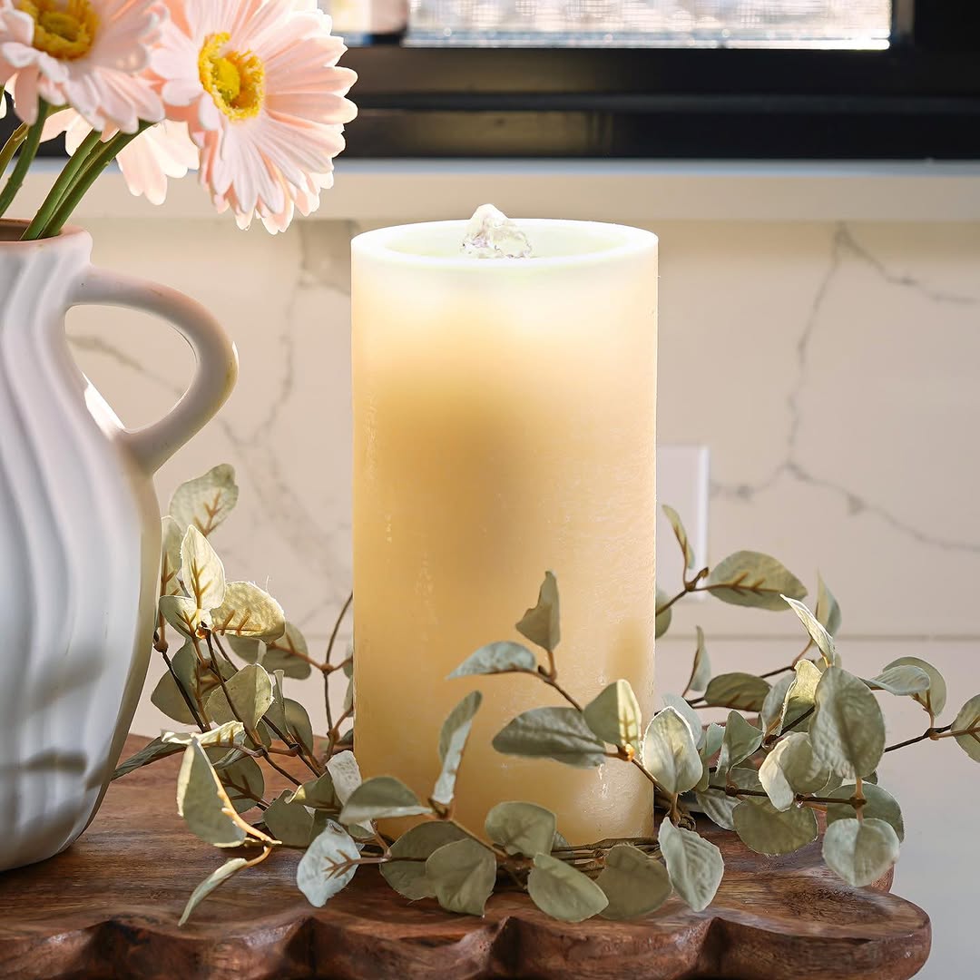 Water Wick Fountain Flameless Cream Wax Pillar Candle | 2 Sizes