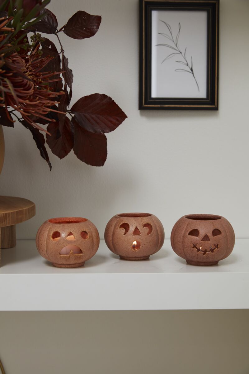 Grinning Pumpkin Ceramic Votive Candle Holders (Set of 3)