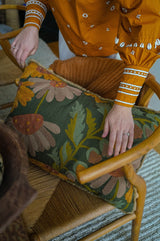 Embroidered Autumn Floral Cotton Slub Pillow with Fringe