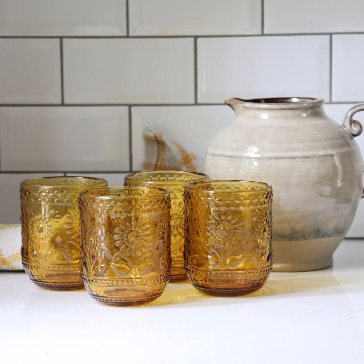 Yellow Amber Embossed Drinking Glasses
