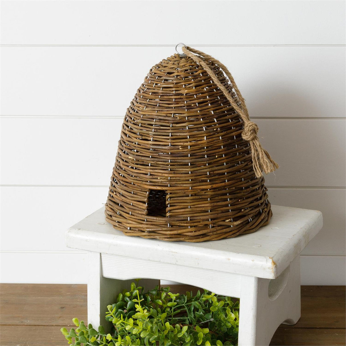 Rustic Handwoven Willow Bee Skep with Rope Hanger