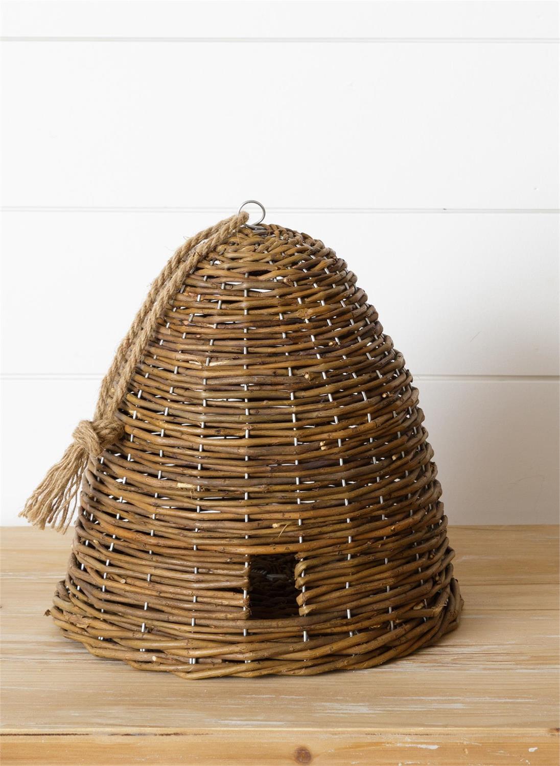 Rustic Handwoven Willow Bee Skep with Rope Hanger