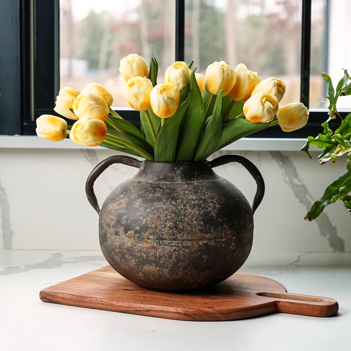 Rustic Patina Brown Metal Vase with Handles