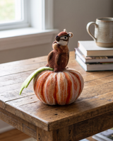 Handmade Wool Felt Chipmunk on Pumpkin