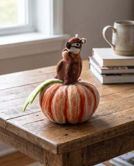 Handmade Wool Felt Chipmunk on Pumpkin